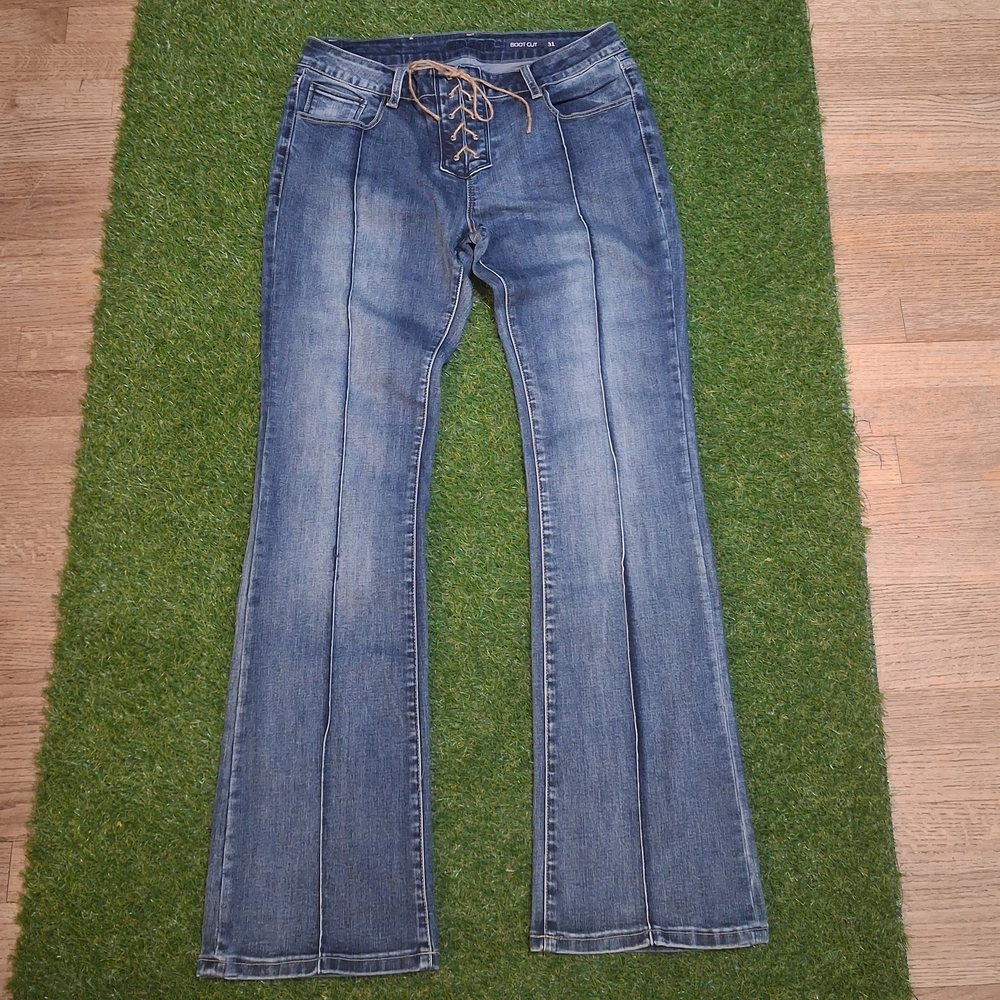 Grace In LA Lace-Up Boot Cut Jeans in Blue Denim size 31